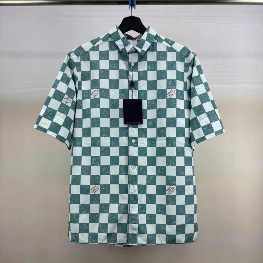 🚩steal Authentic Louis Vuitton Green and White Checkered Casual Shirt